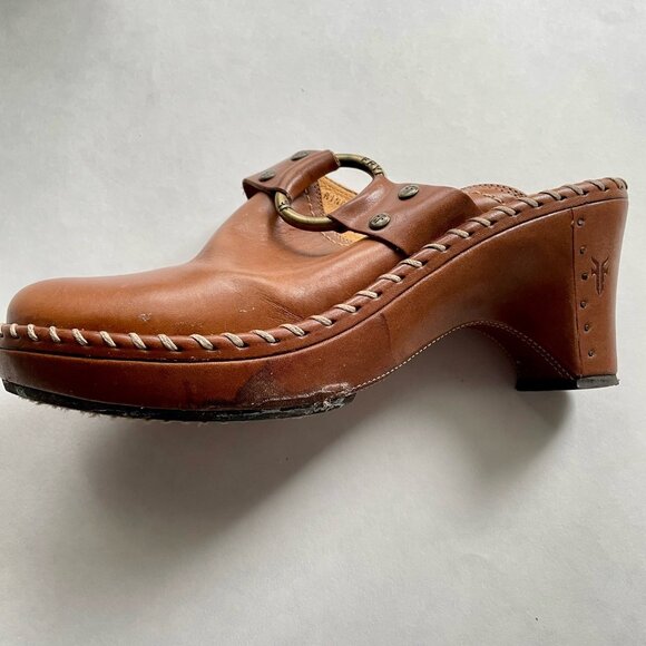Frye Charlotte Ring 70770 Brown Leather Heeled Mule Clogs Women's Size 7 1/2 M - Picture 4 of 10